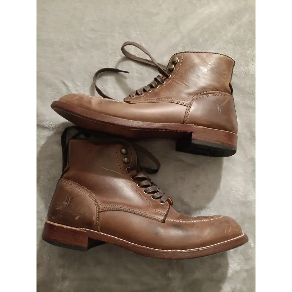 Frye Men's Boots WALTER Sz 10 Lace-Up USA Made Tan Brown Moc Toe Leather 81701